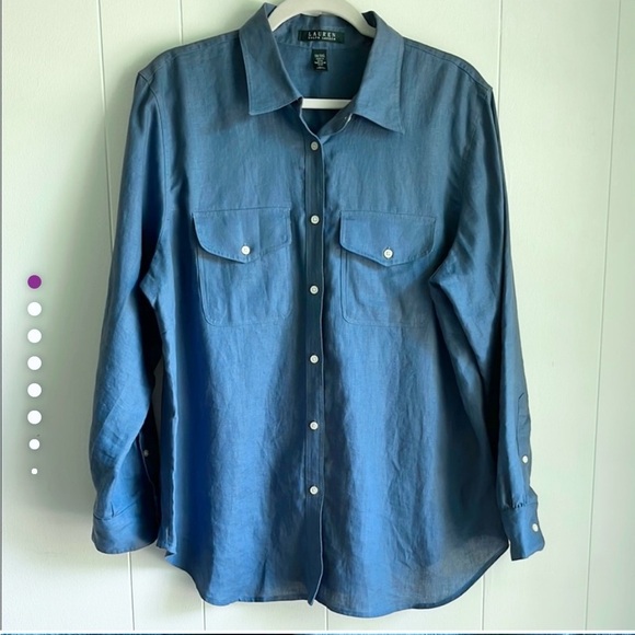 Lauren Ralph Lauren Blue Button Down Linen Roll Tab Sleeve Lagen Look Top Sz 1X - Picture 1 of 13